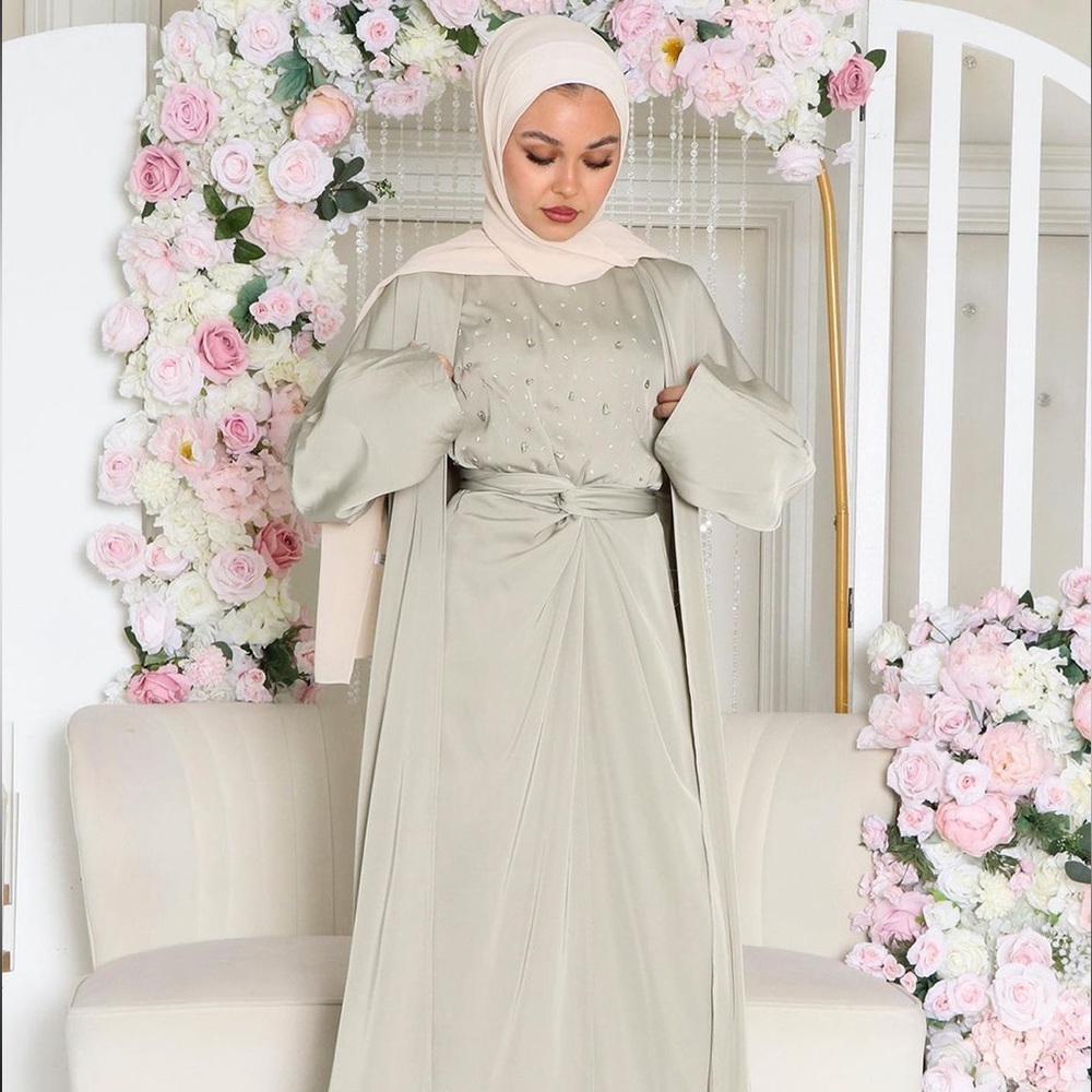 Celine Beaded Wrap Satin Abaya Set Sage